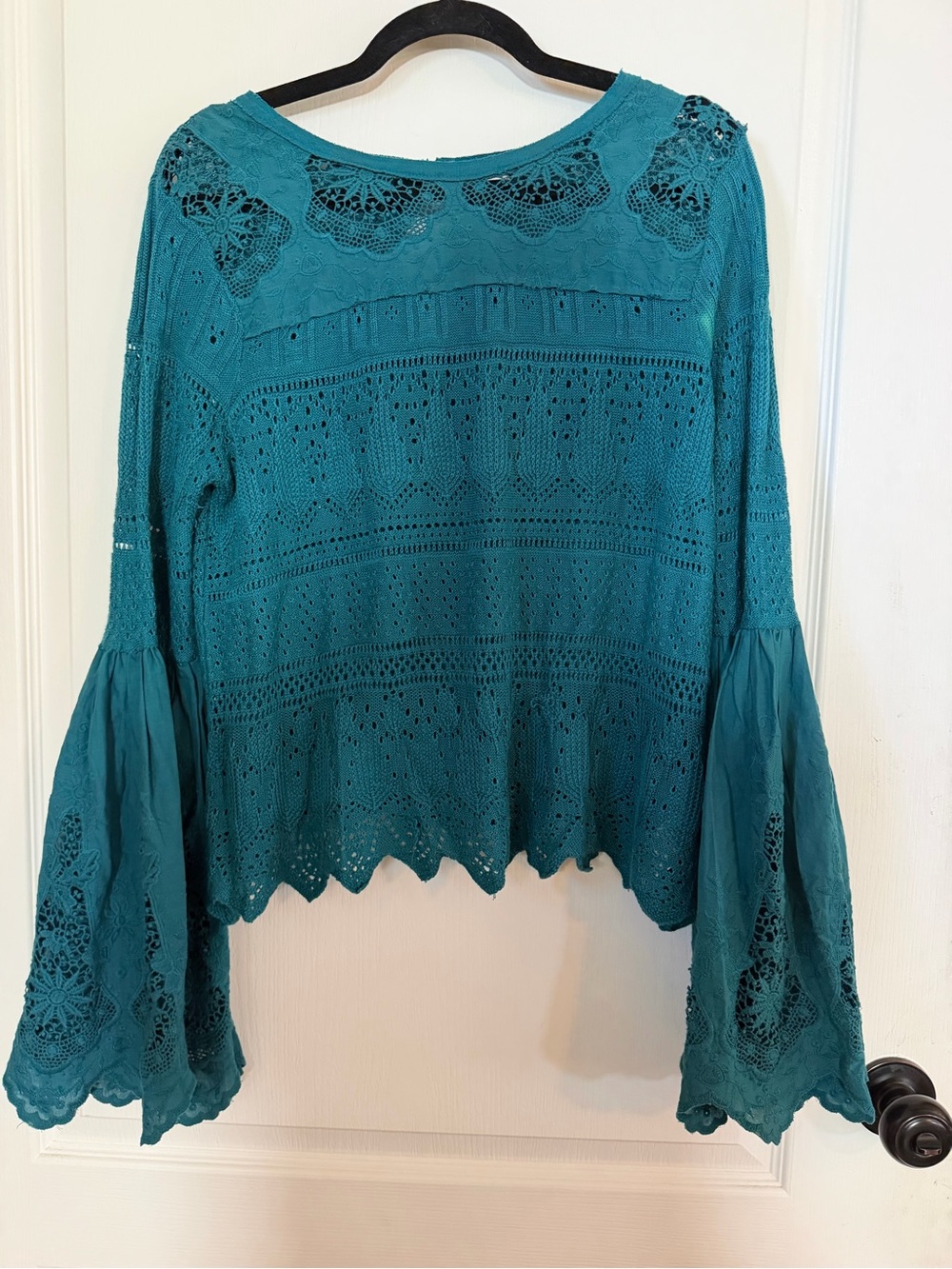 NWOT Free People Teal Crochet Bell-Sleeve Keyhole Back Top Size S/P - Picture 1 of 5